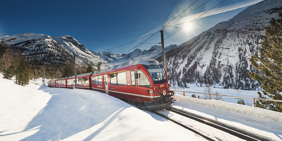Journeying on Bernina Express to Poschiavo and St Moritz