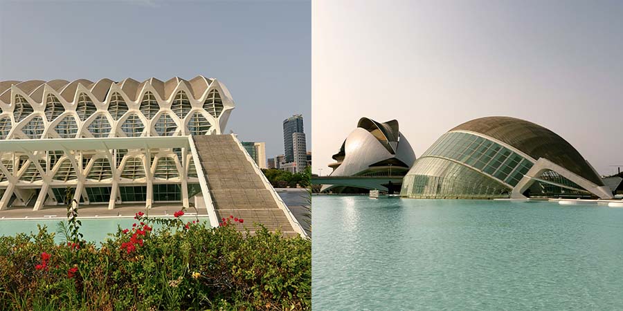Two images of Valencia’s City of Arts and Sciences complex; one showing L’Àgora at Valencia’s City of Arts and Sciences. The other showing L’Hemisfèric and the curved aquarium buildings of L’Oceanogràfic beside the reflecting pools 